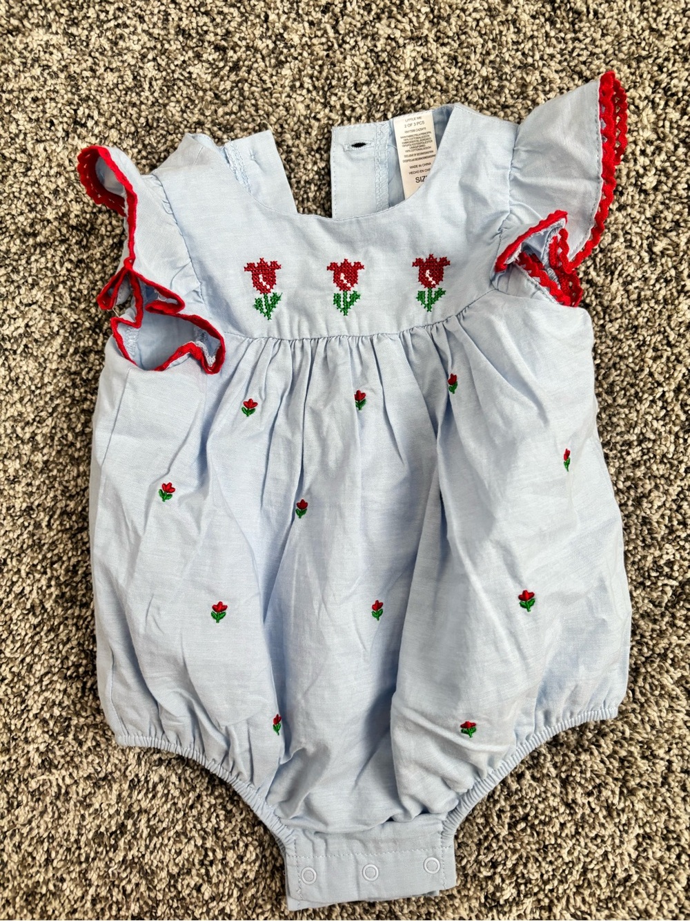 Little Me Light Blue Baby Romper with Red Tulip Embroidery